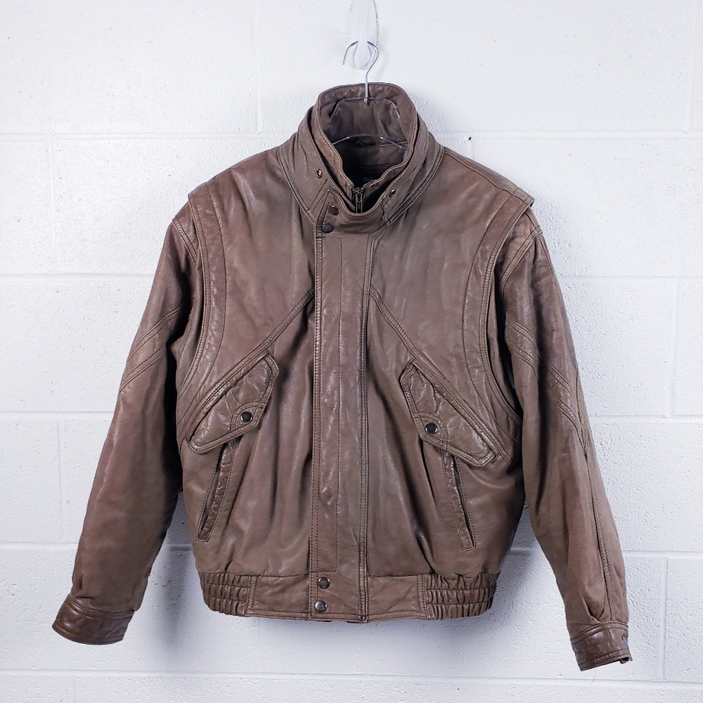 Vtg 80s Brown Leather Aviator Bomber Jacket Insulated Men's Large